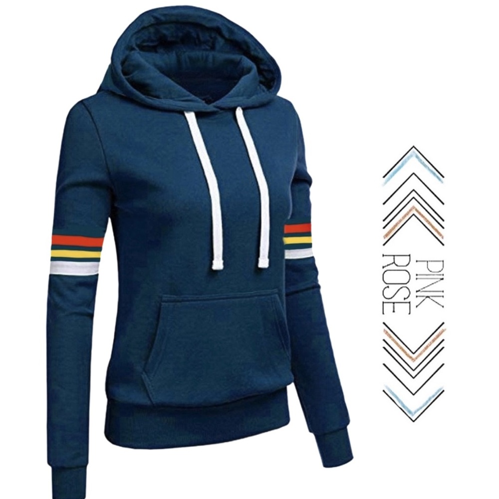 Pink Rose Teal Blue Striped Sleeves Front Kangaroo Pocket Lightweight Hoodie